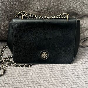 Tory Burch Black Leather Shoulder Bag with Gold Chain